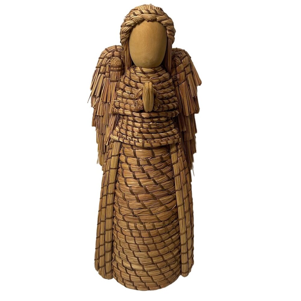 Large Wood and Rattan Wicker Raffia Praying Angel Figurine Statue Religious